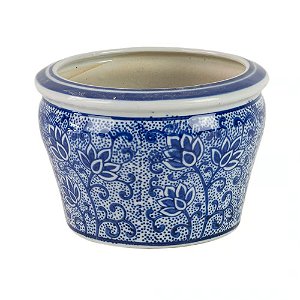 CACHEPOT EM PORCELANA AZUL E BRANCO LOTUS