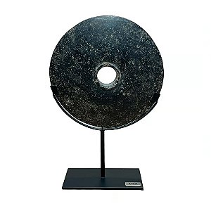 ESCULTURA IMPORTADA BI DISC CHINES ANTIGO ZHUHAI EM PEDRA NATURAL NEGRA A30CM