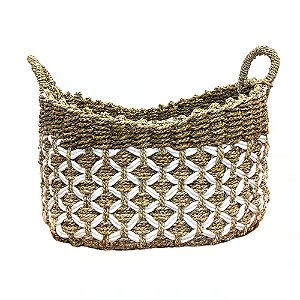 CESTA DECORATIVA RATTAN BALI OVAL BRANCO E NATURAL