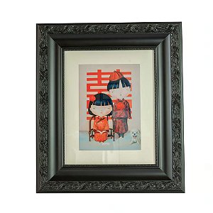 QUADRO GRAVURA SHANGHAI ROUGE COM MOLDURA NEGRA TRABALHADA