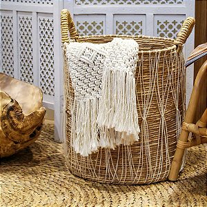 CESTA DECORATIVA RATTAN BALI REDONDO REDE BRANCO E NATURAL