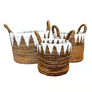 CESTA DECORATIVA RATTAN BALI REDONDO BRANCO E NATURAL