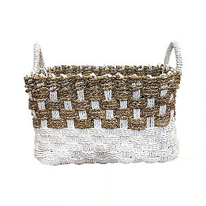 CESTA DECORATIVA RATTAN BALI RETANGULAR BRANCO E NATURAL