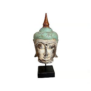 ESCULTURA CABECA BUDA DECORATIVA EM MADEIRA ANTIGA L20XA44CM