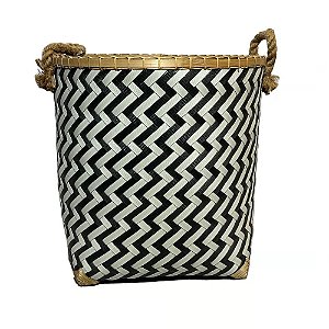 CESTO FIBRA SINTETICA BALI REDONDO BRANCO E PRETO CHEVRON D36XA41CM