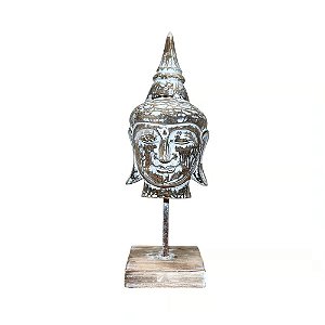 ESCULTURA CABECA BUDA EM MADEIRA WHITEWASH COM BASE A50CM