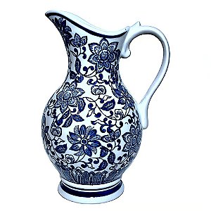 JARRO EM PORCELANA AZUL E BRANCA FLORES SERENAS A32CM