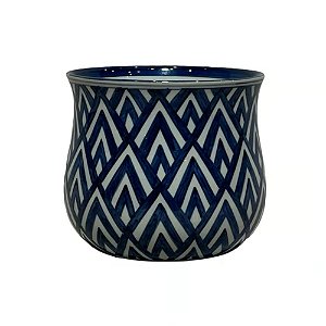 CACHEPOT PORCELANA AZUL E BRANCA GEOMETRIC D14XA13CM