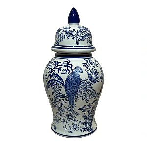 POTE EM PORCELANA AZUL E BRANCO PASSARO COM TAMPA D18XA34CM