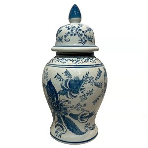 POTE EM PORCELANA TURQUESA E BRANCO PASSARO COM TAMPA D18XA34CM