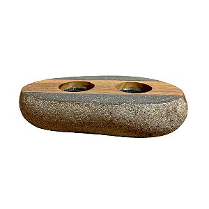 CASTICAL DUPLO BALI EM PEDRA VULCANICA E MADEIRA L18XA4CM X P10CM