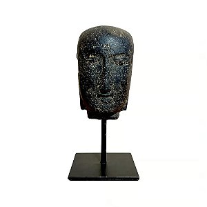 ESCULTURA IMPORTADA CABECA DE BUDA DECORATIVA EM PEDRA NATURAL NEGRA COM SUPORTE A20CM