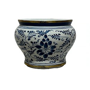 CACHEPOT PORCELANA AZUL E BRANCA GOLDEN BOTANIC D17XA11CM