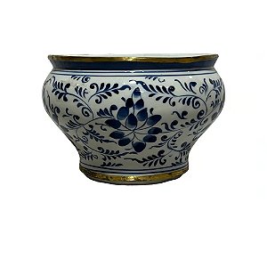 CACHEPOT PORCELANA AZUL E BRANCA GOLDEN BOTANIC D15XA11CM