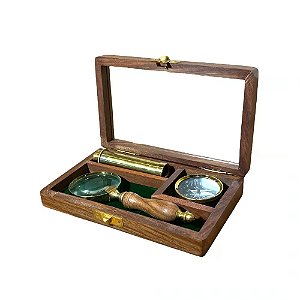CONJUNTO EXPLORADOR 3 PECAS E CAIXA EM MADEIRA L11XA18CM
