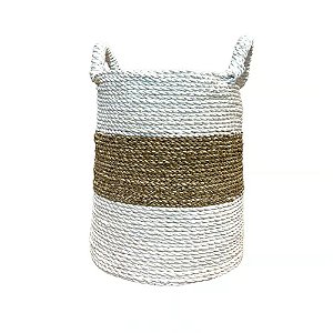 CESTO DECORATIVA RATTAN BALI REDONDO BRANCO E NATURAL