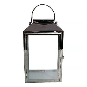 LANTERNA DECORATIVA CHINA ALUMINIO E VIDRO QUADRADA COM ALCA DE COURO GRAFITE