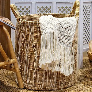 CESTA DECORATIVA RATTAN BALI REDONDO REDE BRANCO E NATURAL