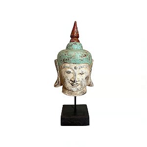 ESCULTURA CABECA BUDA DECORATIVA EM MADEIRA ANTIGA L11XA40CM