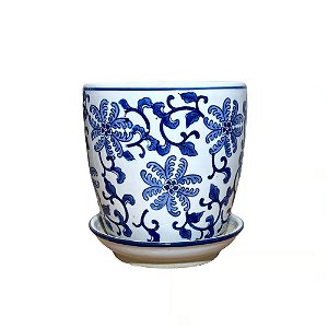 CACHEPOT PORCELANA AZUL E BRANCA FLOR CELESTIAL D20XA20CM