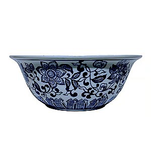 CENTRO DE MESA EM PORCELANA AZUL E BRANCA FLORES SERENAS D29XA10CM