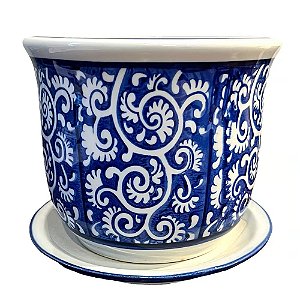 CACHEPOT EM PORCELANA AZUL E BRANCO COM PRATO RAMALHETE D24XA18CM