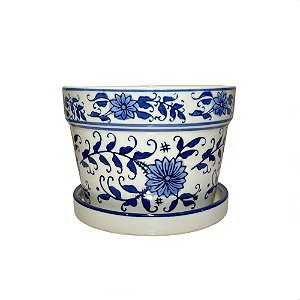 CACHEPOT PORCELANA AZUL E BRANCA RAMO FLORAL D16XA12CM