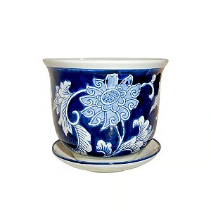 CACHEPOT PORCELANA AZUL E BRANCA VENTO DE OUTONO D19XA17CM