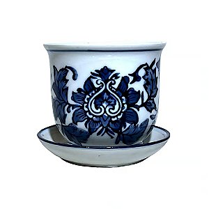 CACHEPOT PORCELANA AZUL E BRANCA FLORAL NOBRE D21XA17CM 2