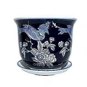 CACHEPOT EM PORCELANA AZUL E BRANCA JARDIM ENCANTADO D19XA16CM