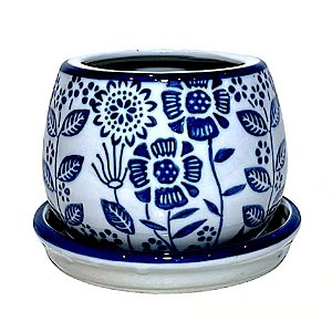 CACHEPOT PORCELANA AZUL E BRANCA FLORATA D23XA16CM