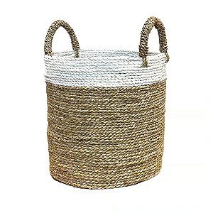 CESTA DECORATIVA RATTAN BALI REDONDO BRANCO E NATURAL 4