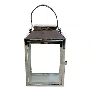 LANTERNA DECORATIVA CHINA ALUMINIO E VIDRO QUADRADO COM ALCA E COURO GRAFITE