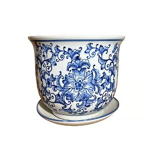 CACHEPOT PORCELANA AZUL E BRANCA FLORES DA ALVORADA D19XA17CM