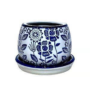 CACHEPOT PORCELANA AZUL E BRANCA FLORATA D15XA12CM