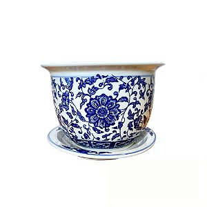CACHEPOT EM PORCELANA AZUL E BRANCO FLOR IMPERIAL D16XA13CM