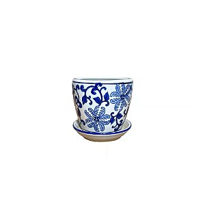 CACHEPOT PORCELANA AZUL E BRANCA FLOR CELESTIAL D12XA13CM