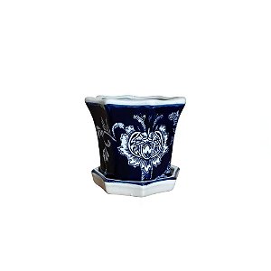 CACHEPOT PORCELANA AZUL E BRANCA JARDIM HEXAGONAL D14XA13CM