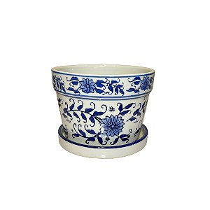 CACHEPOT PORCELANA AZUL E BRANCA RAMO FLORAL D14XA11CM