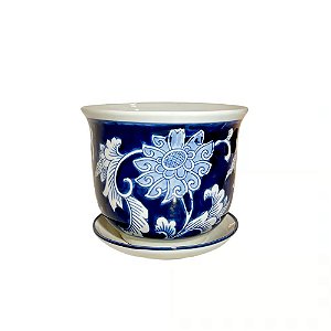 CACHEPOT PORCELANA AZUL E BRANCA VENTO DE OUTONO D14XA12CM