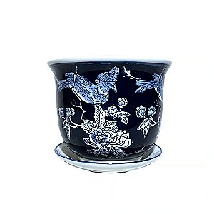 CACHEPOT EM PORCELANA AZUL E BRANCA JARDIM ENCANTADO D14XA12CM