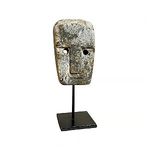 ESCULTURA DECORATIVA MINI MASCARA ETNICA IMPORTADA GITGIT EM PEDRA BRANCA COM SUPORTE A18CM