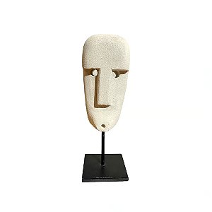 ESCULTURA DECORATIVA MINI MASCARA ETINICA IMPORTADA PUTRI PEDRA NATURAL BRANCA COM SUPORTE A18CM
