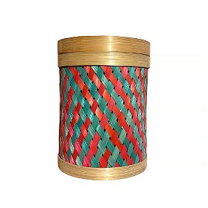 CAIXA BALI CILINDRICA TRAMA BAMBU VERMELHO E VERDE COM TAMPA D16CM