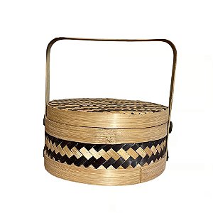 CAIXA BALI TRAMA BAMBU NATURAL E PRETO COM ALCA D20CM