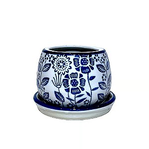 CACHEPOT PORCELANA AZUL E BRANCA FLORATA D11XA09CM