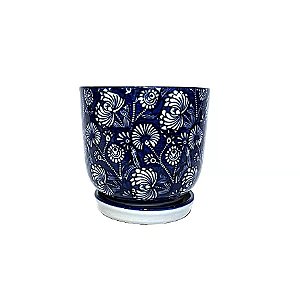 CACHEPOT PORCELANA AZUL E BRANCA DENTE DE LEAO D14XA14CM