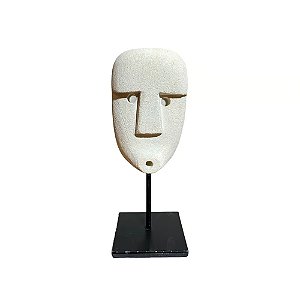 ESCULTURA IMPORTADA MINI MASCARA DECORATIVA BINGIN EM PEDRA BRANCA COM SUPORTE A18CM