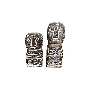 CONJUNTO 2 ESCULTURAS TRIBAIS EM MADEIRA WHITEWASH A20XA15CM