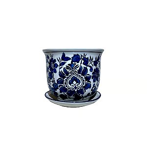 CACHEPOT PORCELANA AZUL E BRANCA MEDALHA FLORAL D10XA08CM